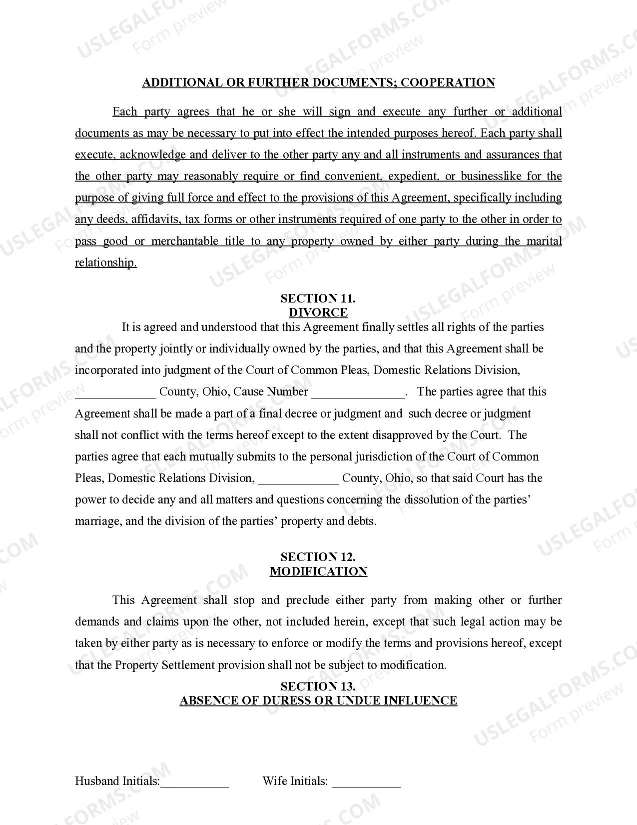 Preview Marital Domestic Separation and Property Settlement Agreement for persons with No Children, No Joint Property or Debts where Divorce Action Filed