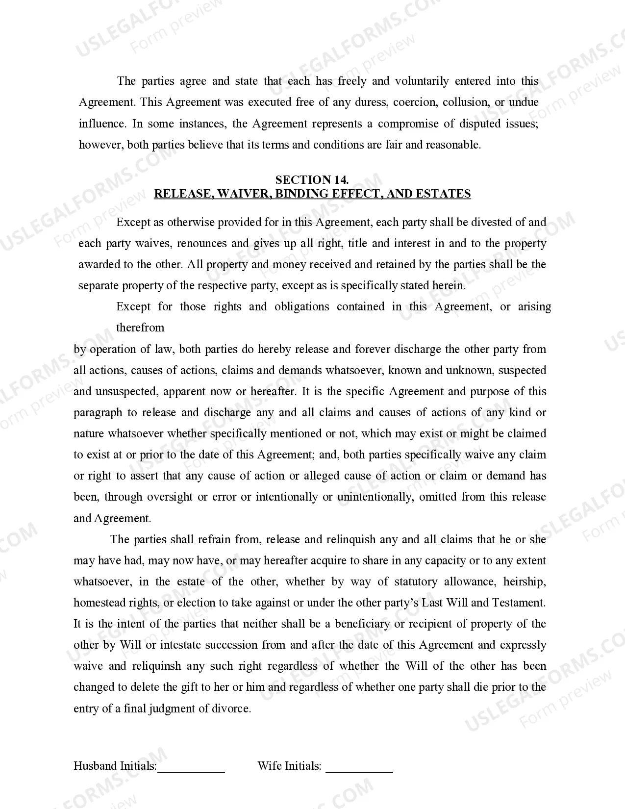 Preview Marital Domestic Separation and Property Settlement Agreement for persons with No Children, No Joint Property or Debts where Divorce Action Filed
