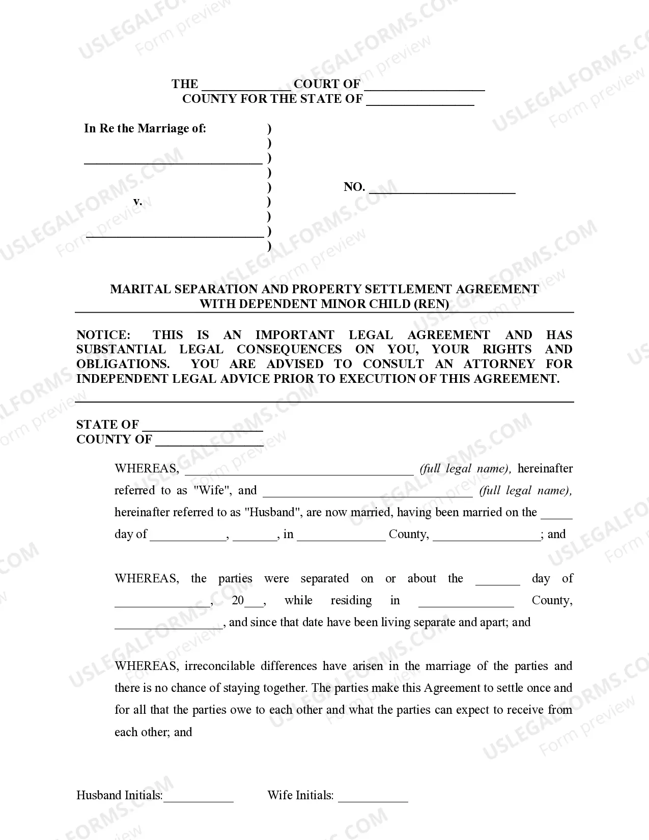 Preview Marital Domestic Separation and Property Settlement Agreement Minor Children Parties May have Joint Property or Debts where Divorce Action Filed