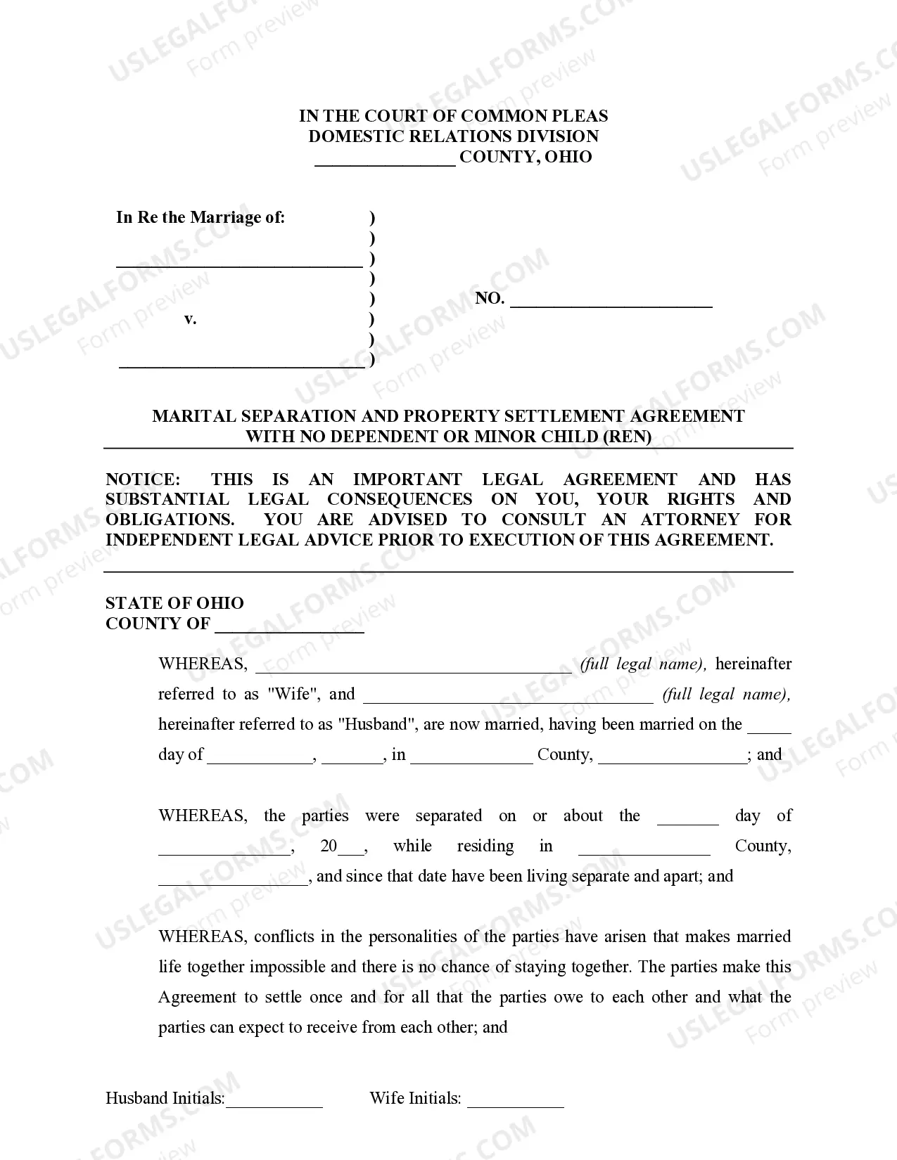 Preview Marital Domestic Separation and Property Settlement Agreement no Children parties may have Joint Property or Debts where Divorce Action Filed