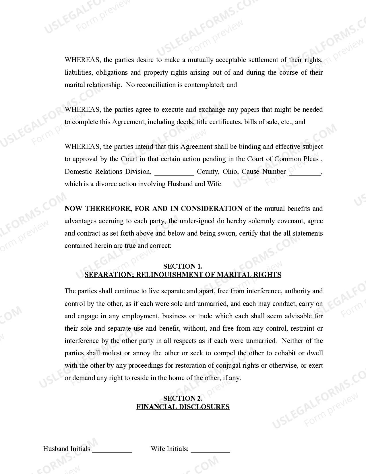 Preview Marital Domestic Separation and Property Settlement Agreement no Children parties may have Joint Property or Debts where Divorce Action Filed