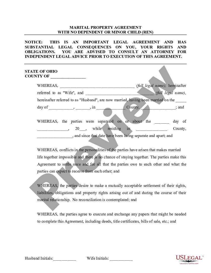 Ohio Marital Domestic Separation And Property Settlement Agreement No ...