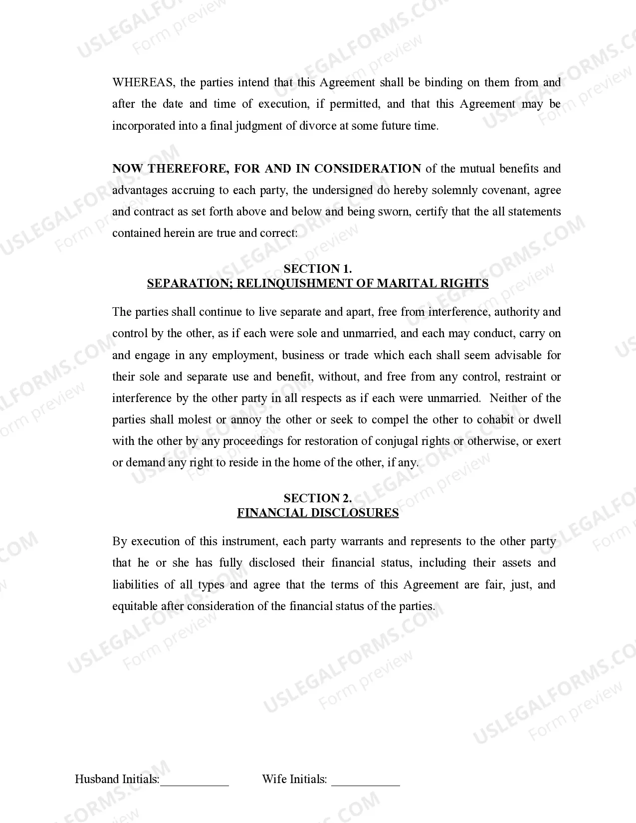 Preview Marital Domestic Separation and Property Settlement Agreement no Children parties may have Joint Property or Debts Effective Immediately