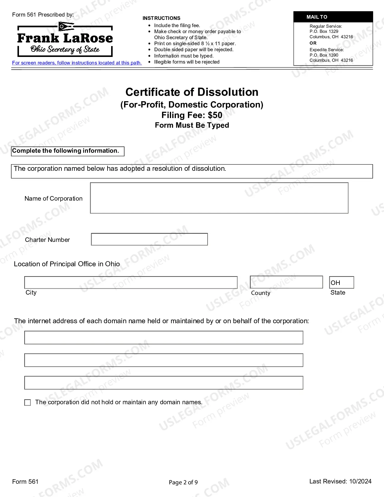 Preview Ohio Dissolution Package to Dissolve Corporation