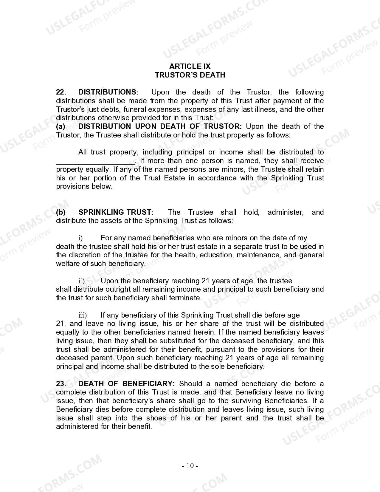 Preview Living Trust for Individual Who is Single, Divorced or Widow (or Widower) with No Children