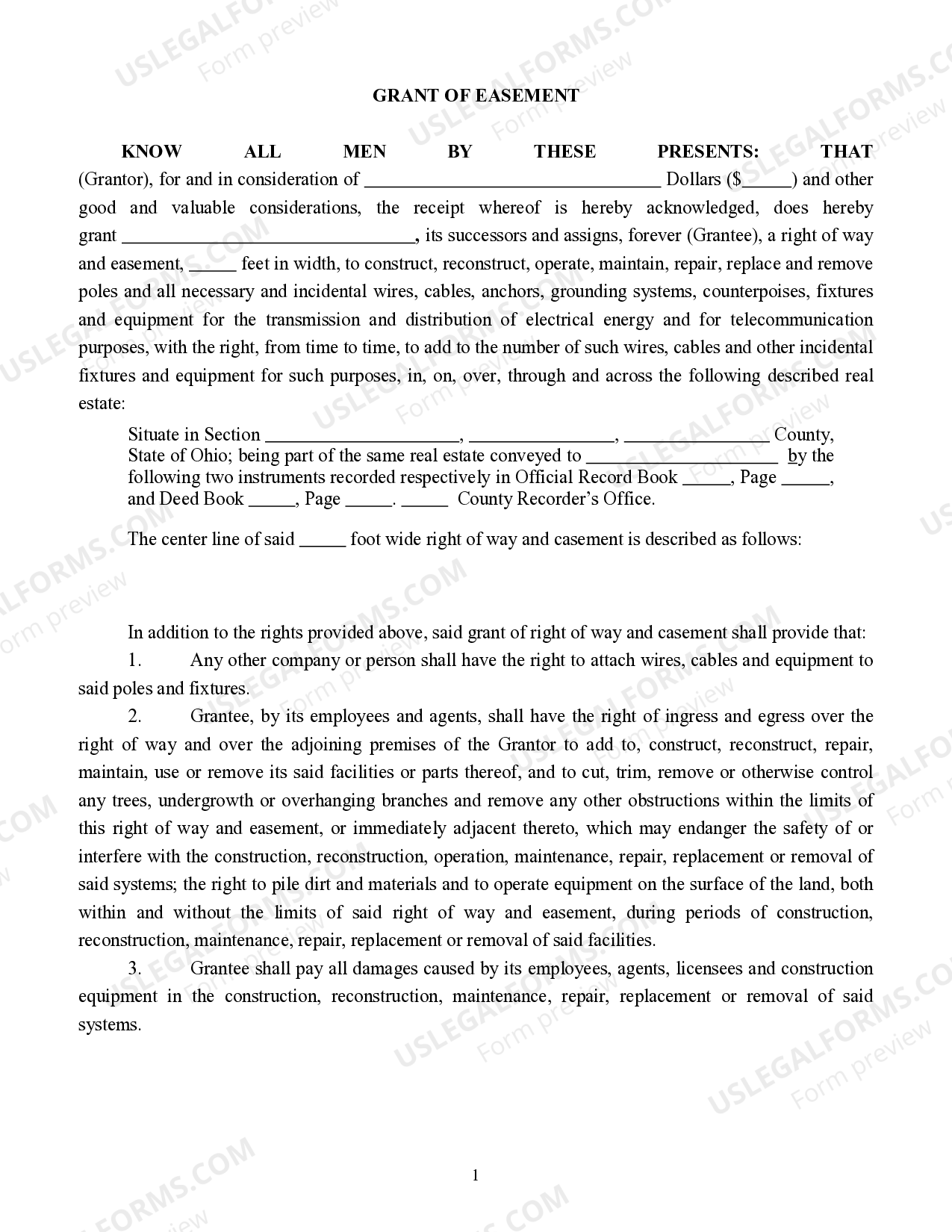 Ohio Grant of Utility Easement Ohio Utility Easement Law US Legal Forms