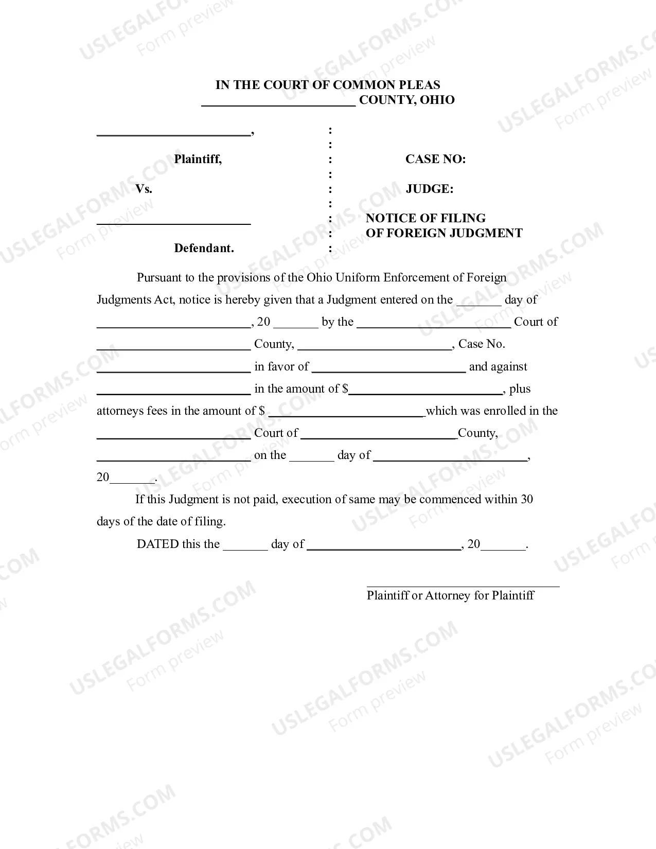 Preview Ohio Foreign Judgment Enrollment