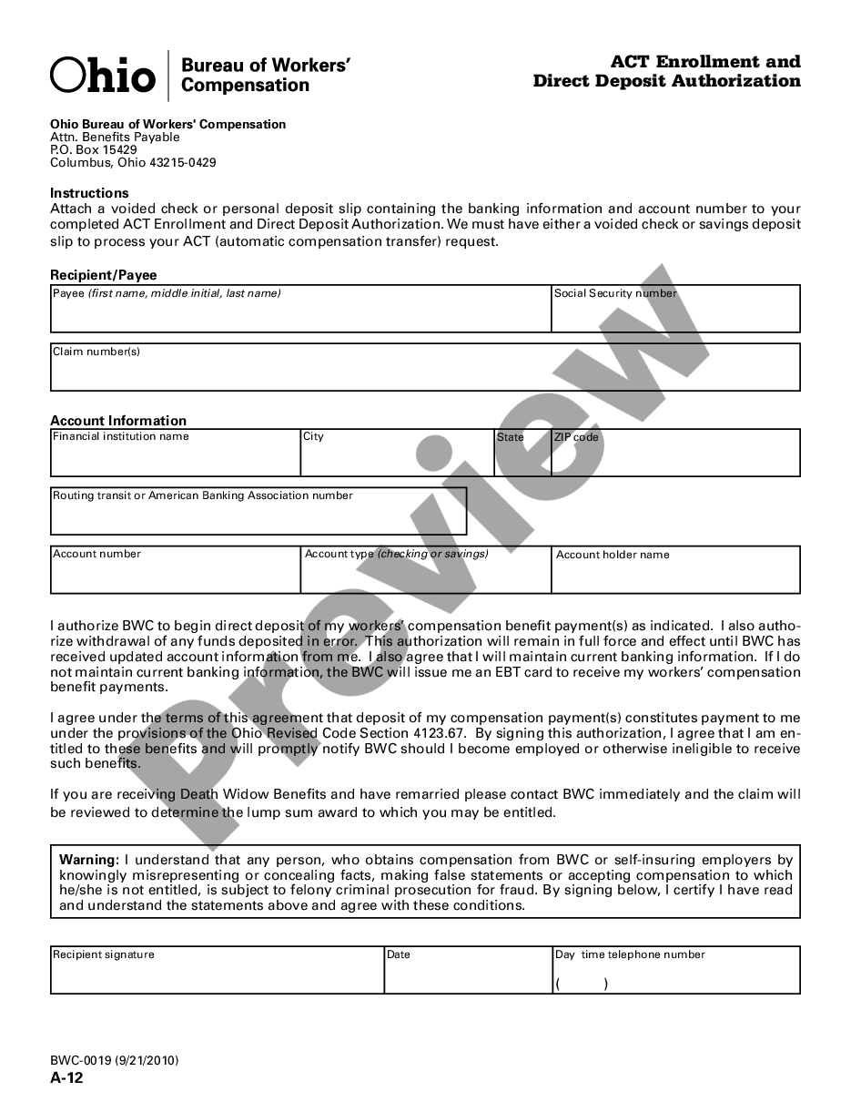 form ACT Enrollment Form and Direct Deposit Authorization for Workers' Compensation preview