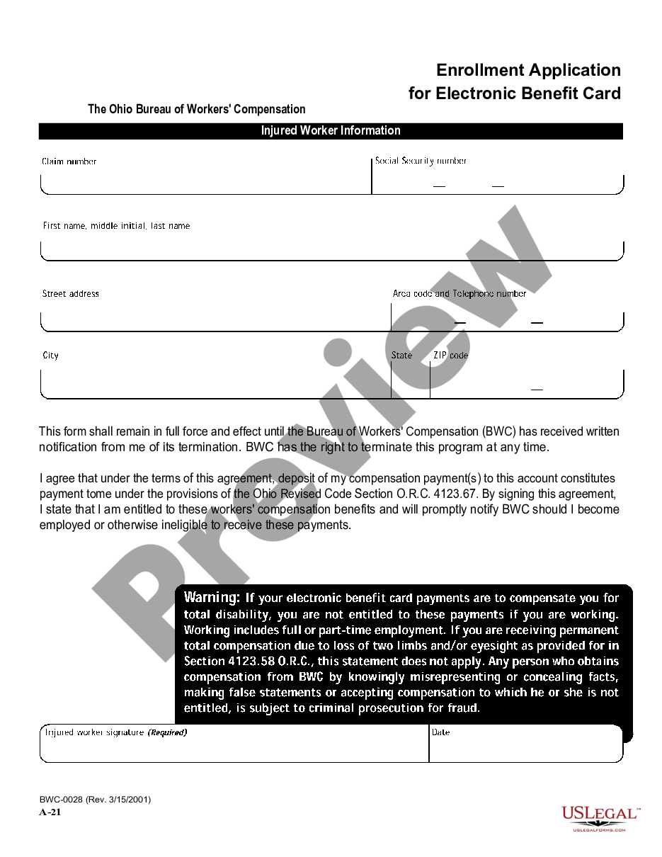 page 0 Enrollment Application for Electronic Benefit Card for Workers' Compensation preview