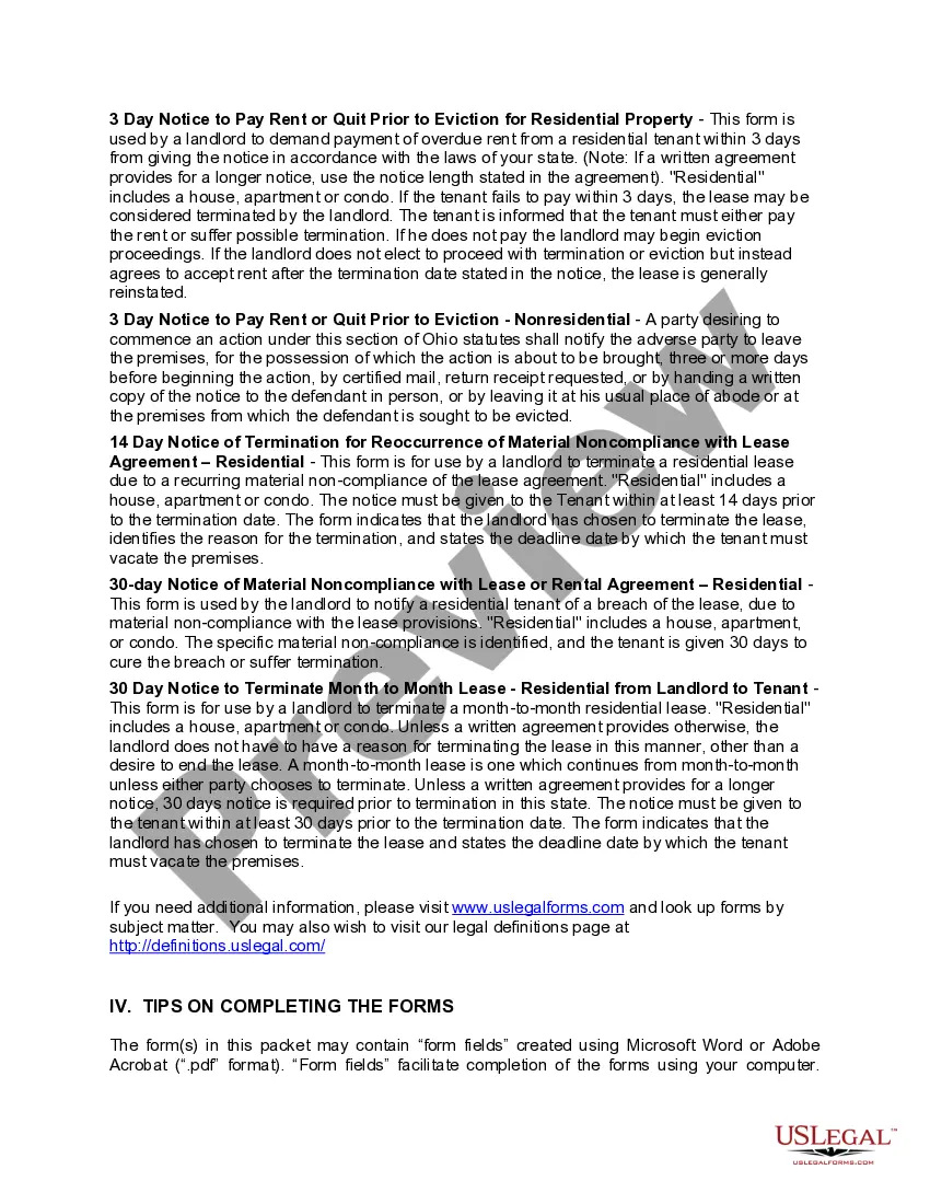 Preview Ohio Landlord Notices for Eviction / Unlawful Detainer Forms Package