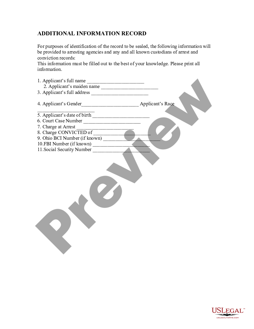 Toledo Ohio Application for Sealing / Expungement of Arrest Record