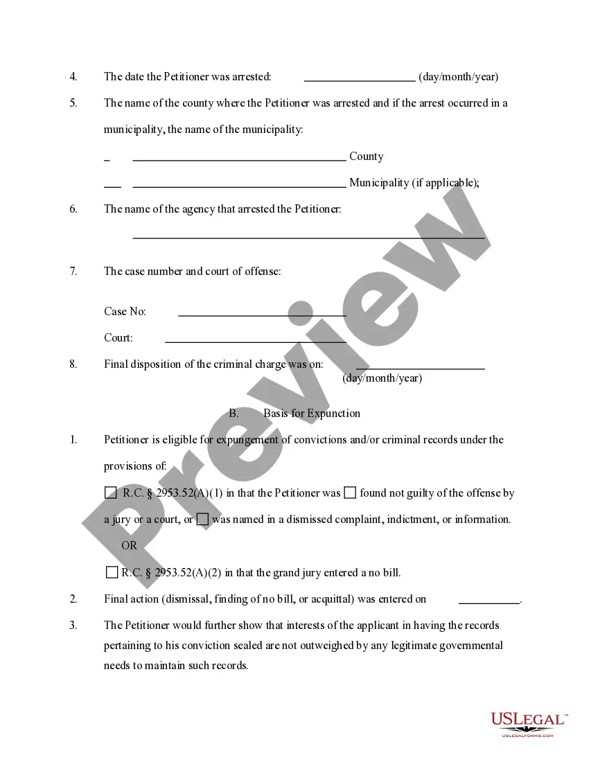 Preview Application for Sealing / Expungement of Arrest Record Under R.C. 2953.52