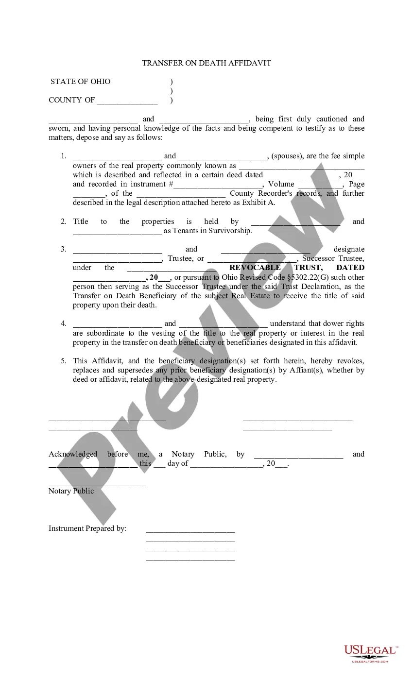 Ohio Transfer on Death Affidavit US Legal Forms