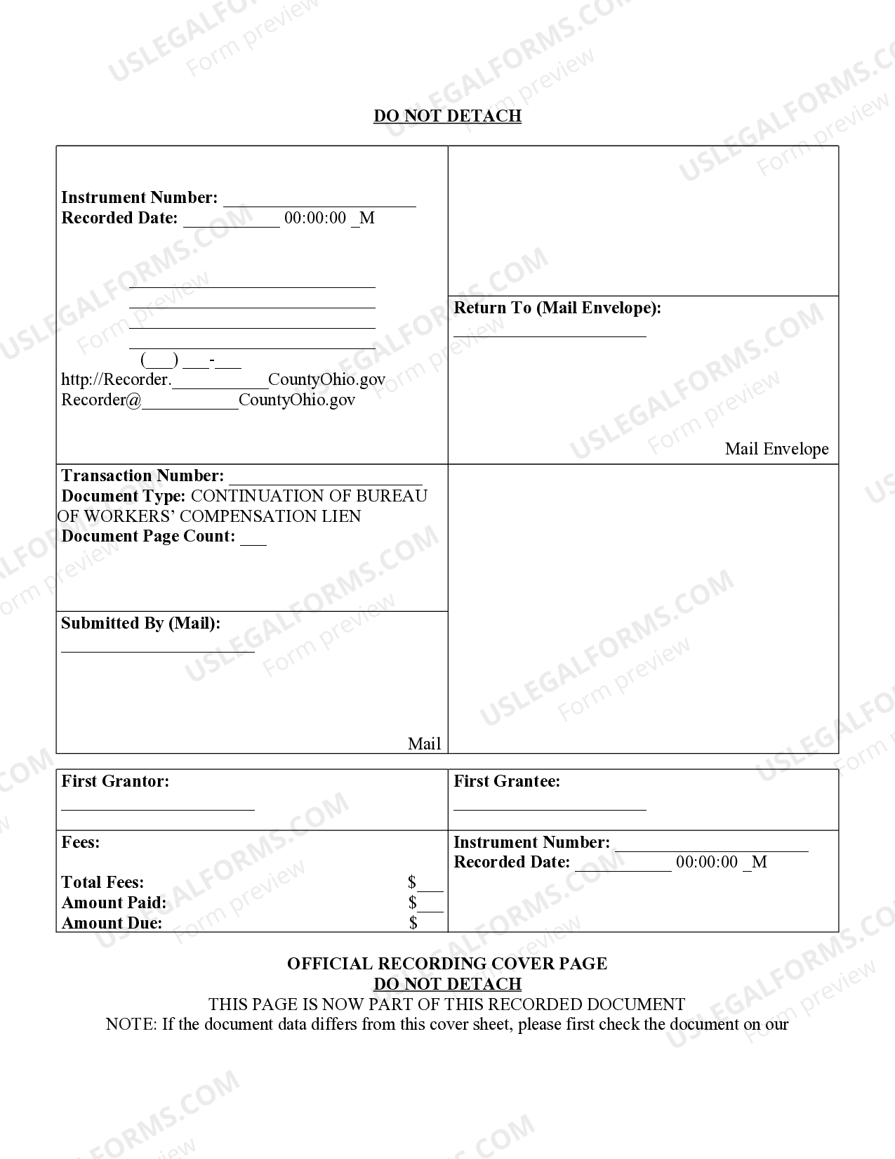 Ohio Recording Cover Page for Workers' Compensation Lien US Legal Forms