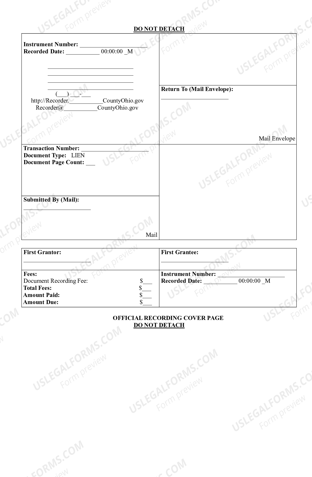 Franklin Ohio Recording Cover Page for Filing a Lien US Legal Forms