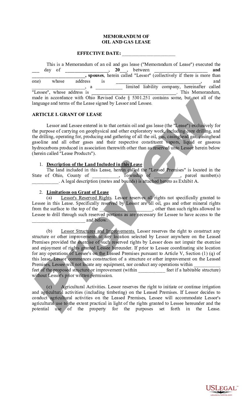 Ohio Memorandum of Oil and Gas Lease | US Legal Forms