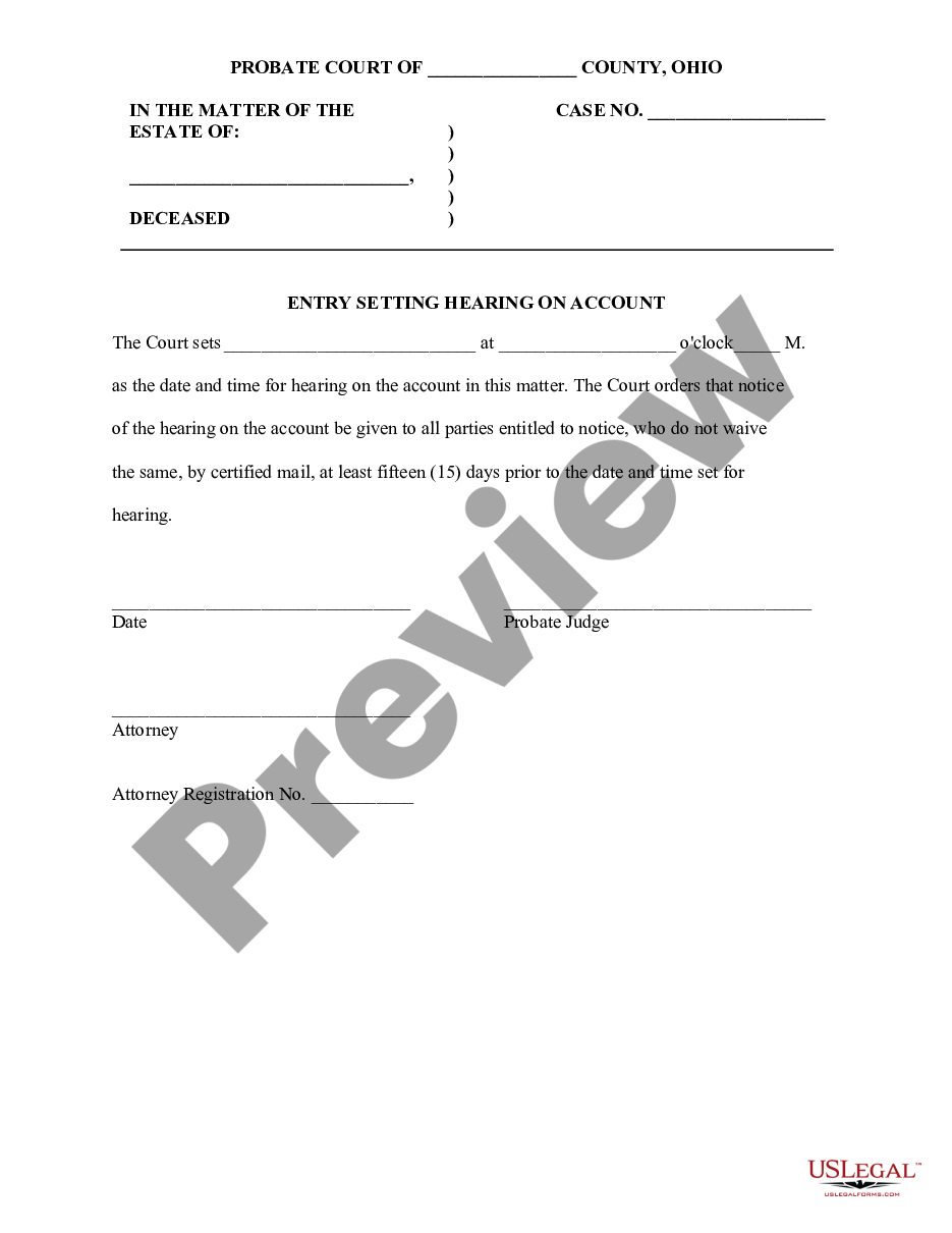 form Entry Setting Hearing on Account preview