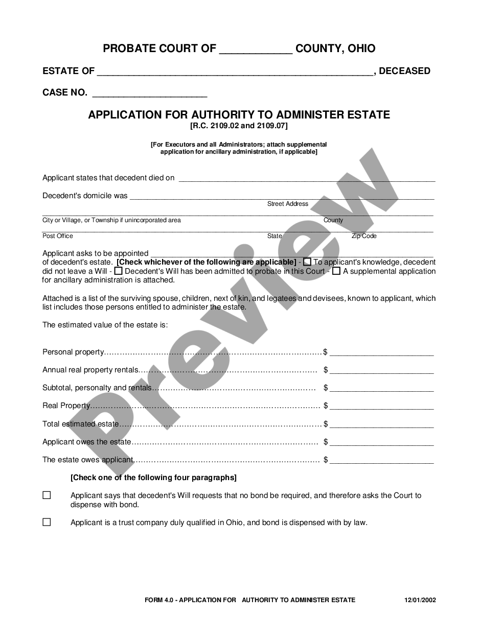 page 0 Application for Authority to Administer Estate preview