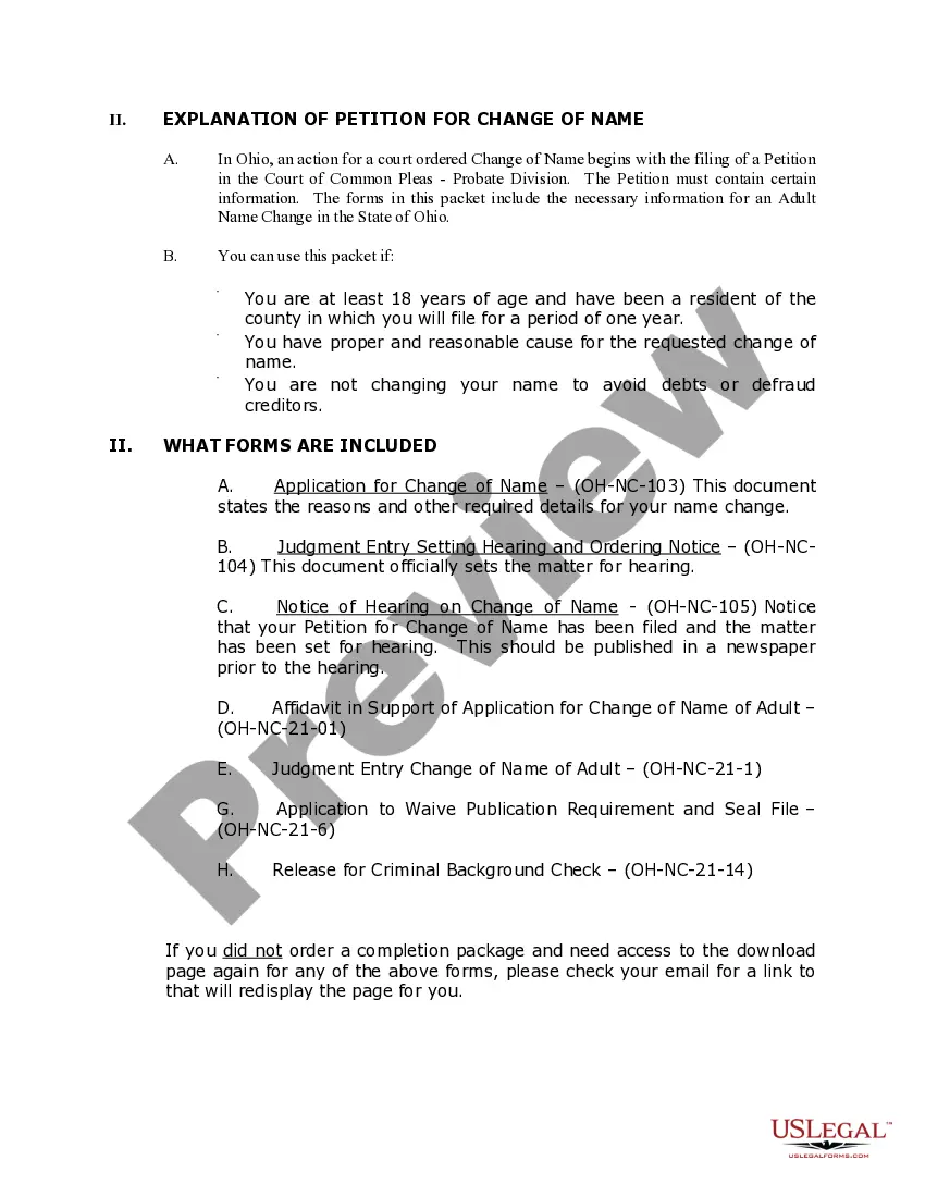 Preview Ohio Name Change Instructions and Forms Package for an Adult