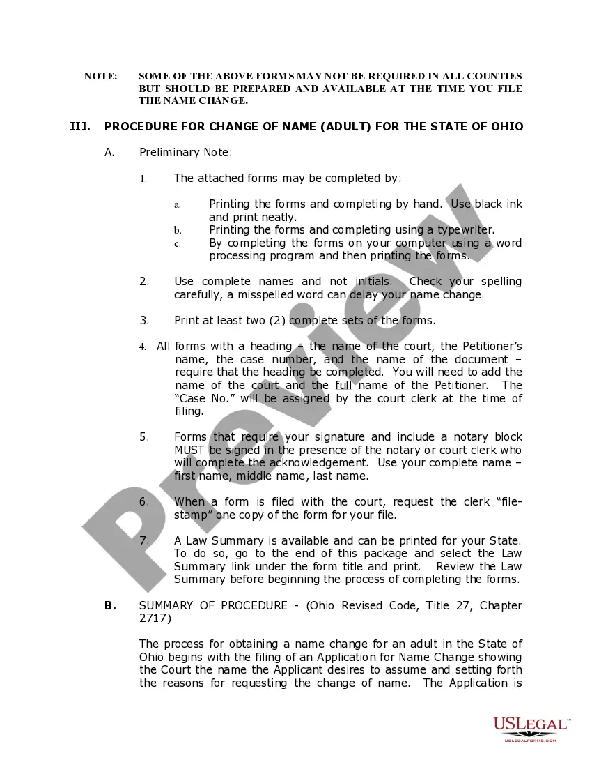 Preview Ohio Name Change Instructions and Forms Package for an Adult