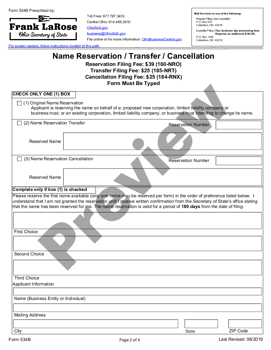 page 1 Application of Name Reservation - Ohio preview