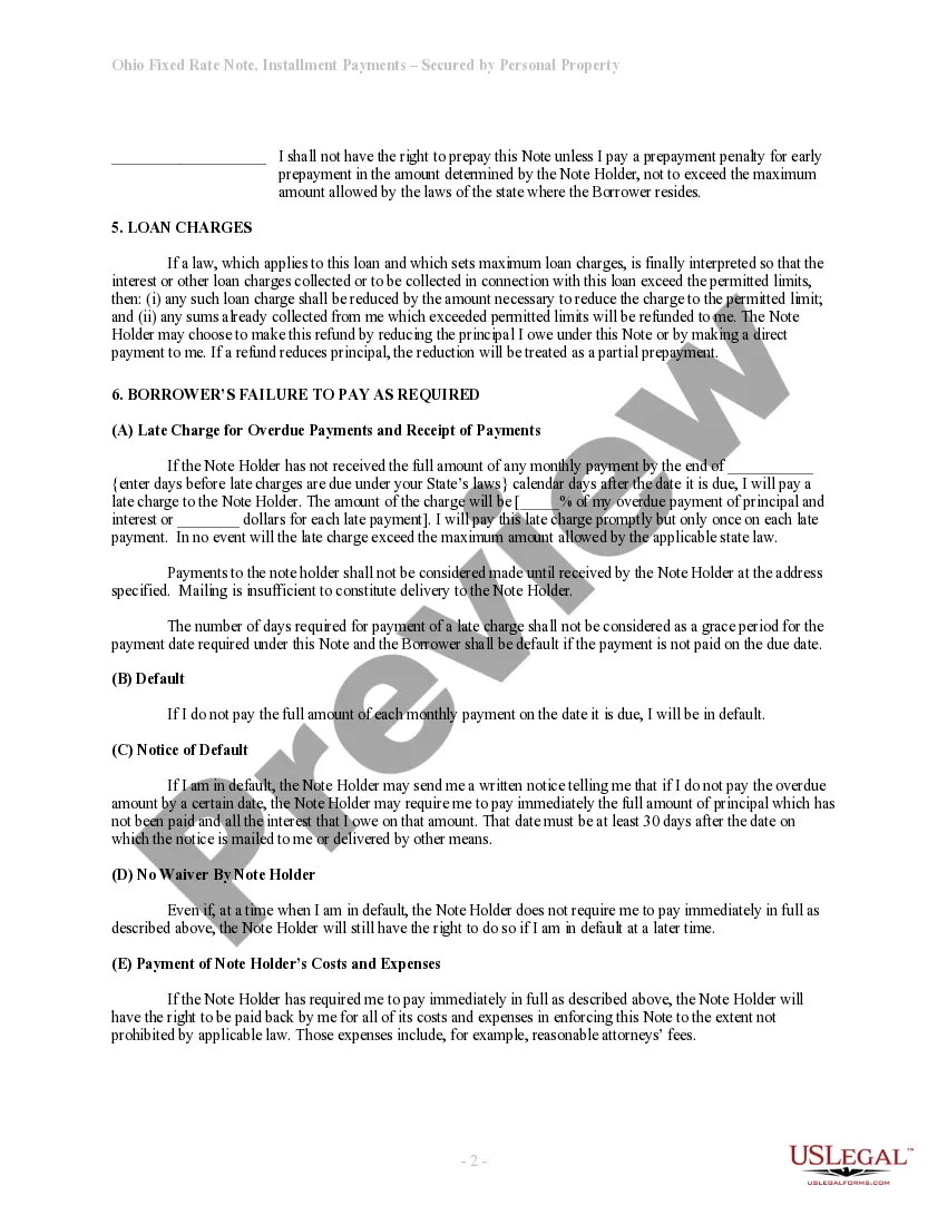 Get Ohio Installments Fixed Rate Promissory Note Secured by Personal Property Preview Ohio Installments Fixed Rate Promissory Note Secured by Personal Property