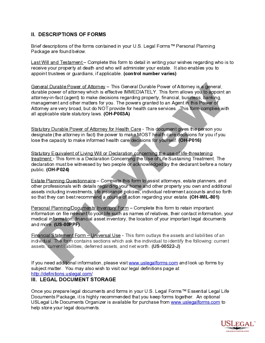 Get Ohio Life Documents Planning Package, including Will, Power of Attorney and Living Will Preview Ohio Life Documents Planning Package, including Will, Power of Attorney and Living Will