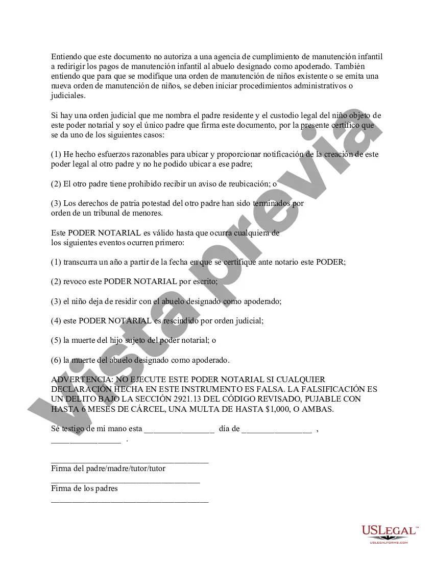 Preview Poder notarial general para el cuidado y la custodia de un niño o niños: el abuelo como apoderado designado