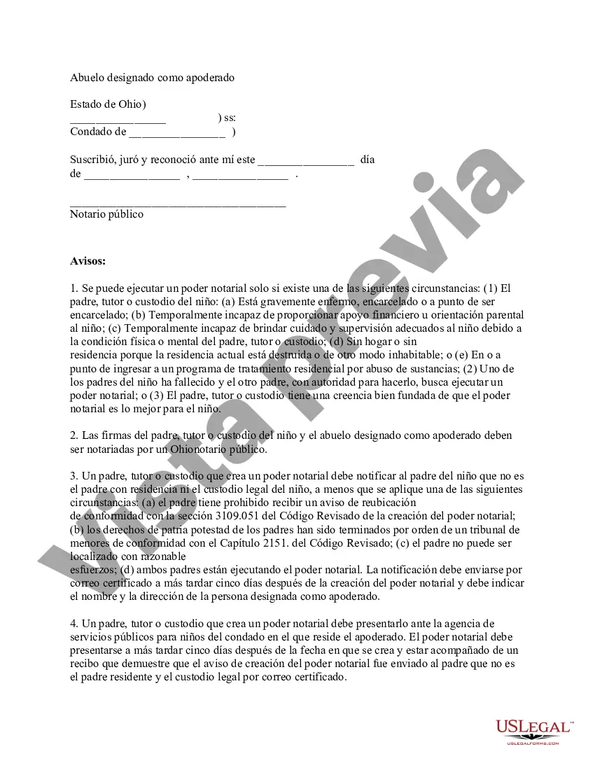Preview Poder notarial general para el cuidado y la custodia de un niño o niños: el abuelo como apoderado designado