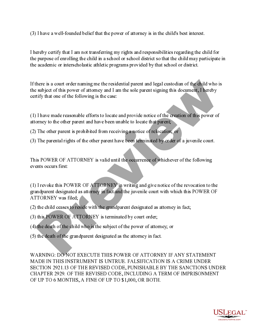 Ohio General Power of Attorney for Care and Custody of Child or