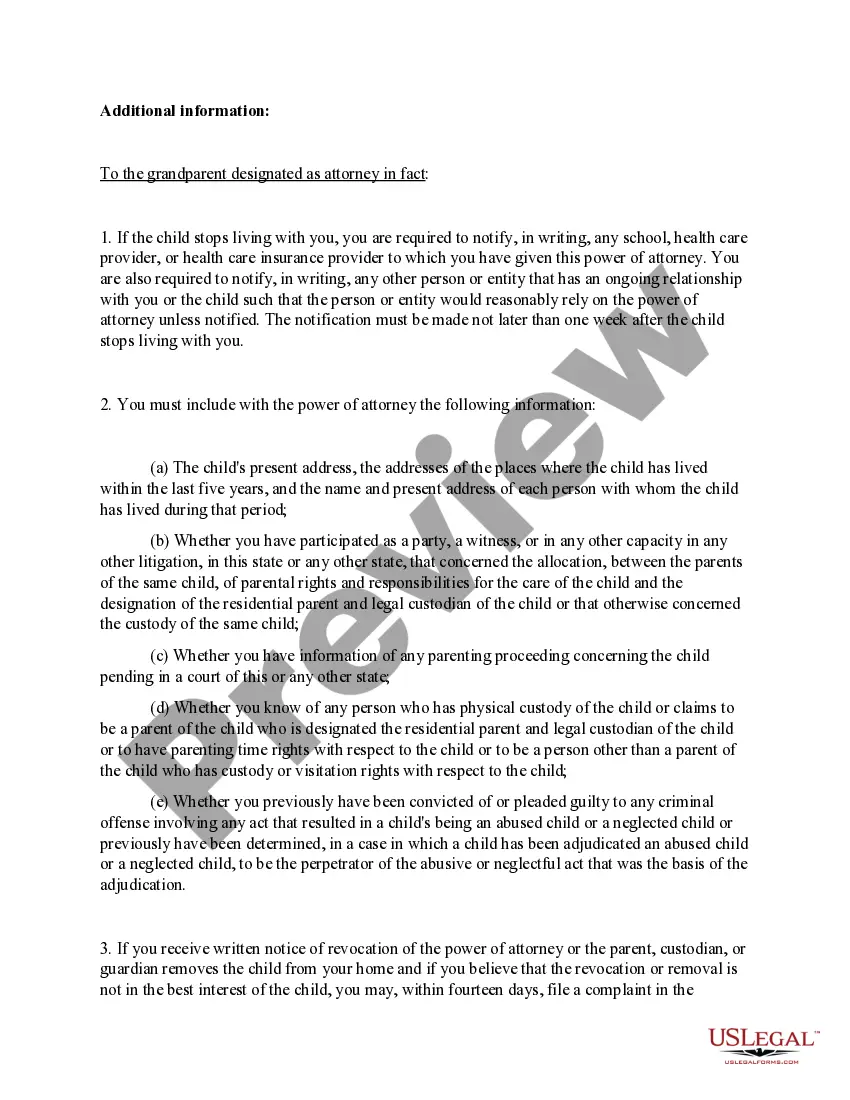 Preview General Power of Attorney for Care and Custody of Child or Children - Grandparent as Designated Attorney-in-Fact