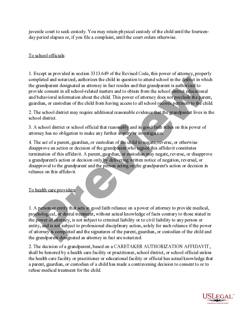 Preview General Power of Attorney for Care and Custody of Child or Children - Grandparent as Designated Attorney-in-Fact