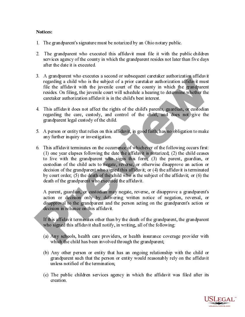 Preview Caretaker Authorization Affidavit - Statutory