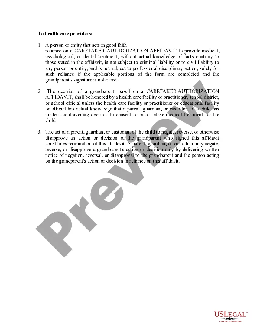Preview Caretaker Authorization Affidavit - Statutory