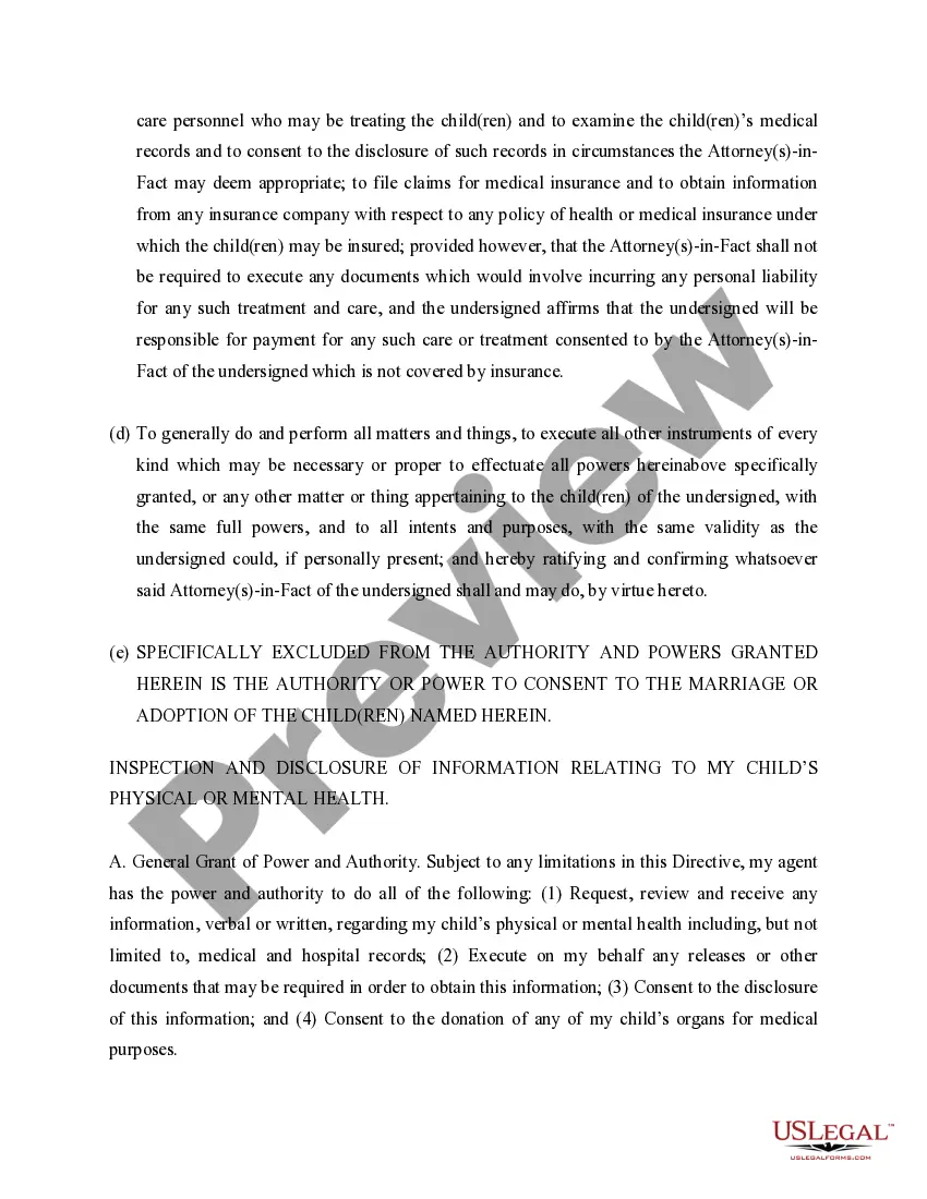 Preview Power of Attorney Care and Custody of Child or Children - General