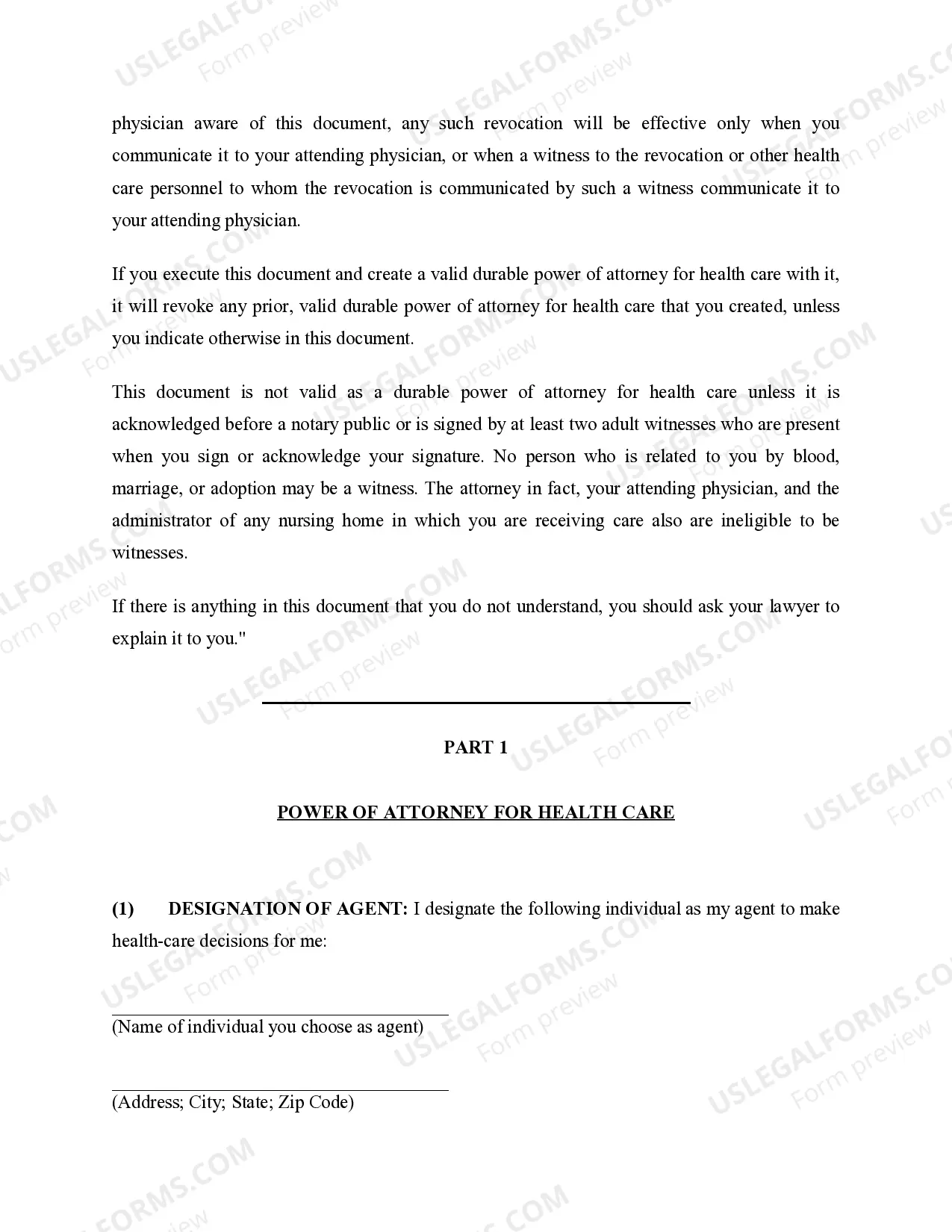 Preview Durable Power of Attorney for Health Care