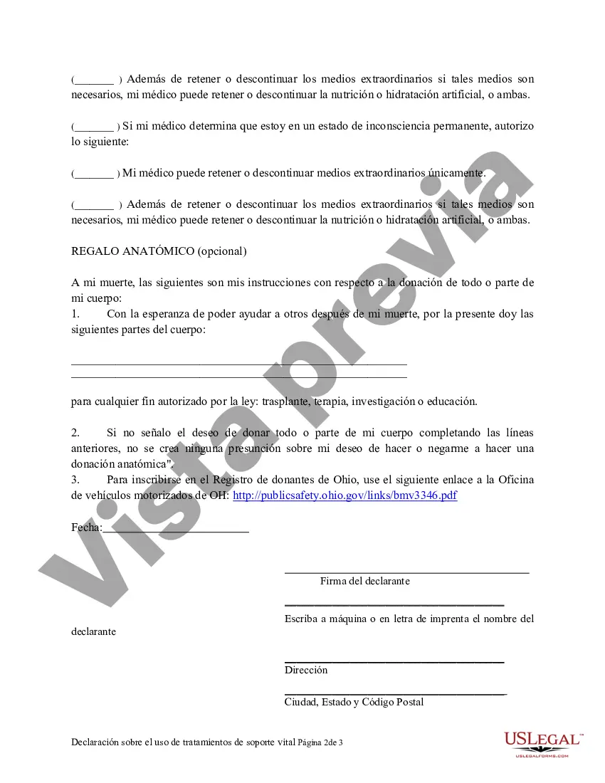 Preview Testamento en vida o Declaración sobre el uso de tratamientos de soporte vital