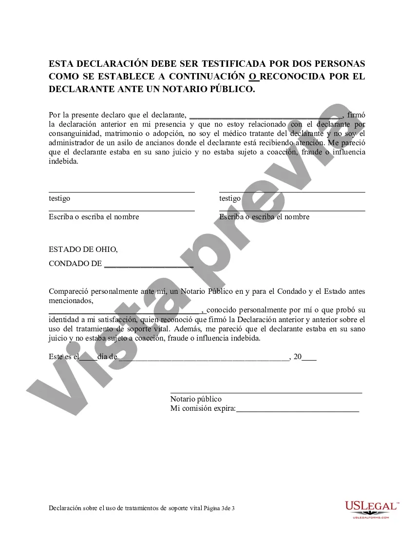 Preview Testamento en vida o Declaración sobre el uso de tratamientos de soporte vital