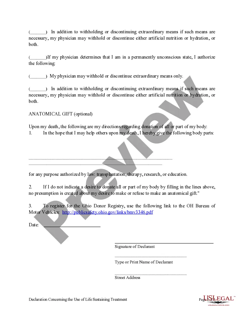 Preview Living Will or Declaration concerning the use of life sustaining treatment