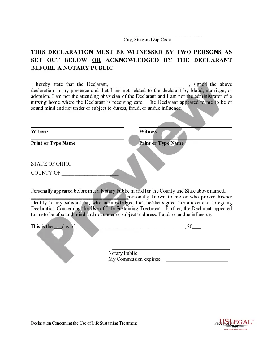 Preview Living Will or Declaration concerning the use of life sustaining treatment