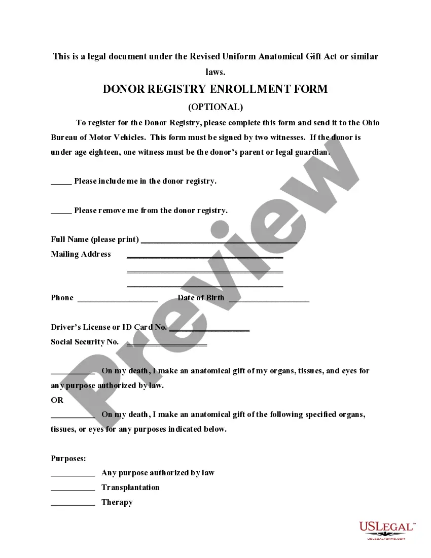 Preview Revised Uniform Anatomical Gift Act Donation with Donor Registry Enrollment Form