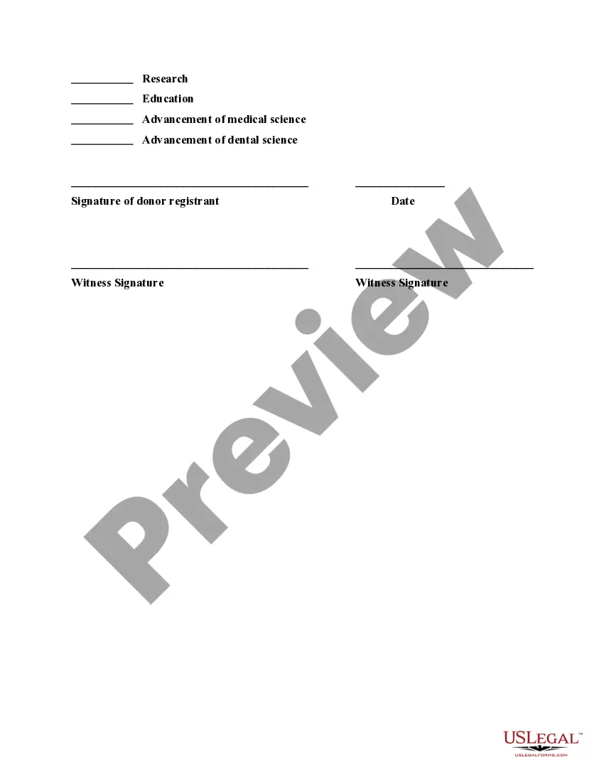 Preview Revised Uniform Anatomical Gift Act Donation with Donor Registry Enrollment Form