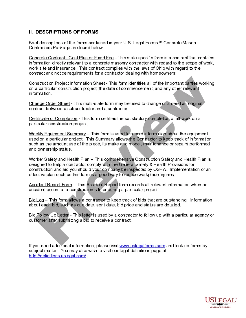 Preview Ohio Concrete Mason Contractor Package