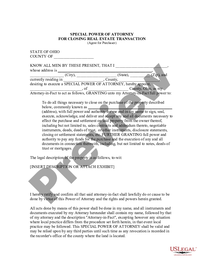 Ohio Special or Limited Power of Attorney for Real Estate ...