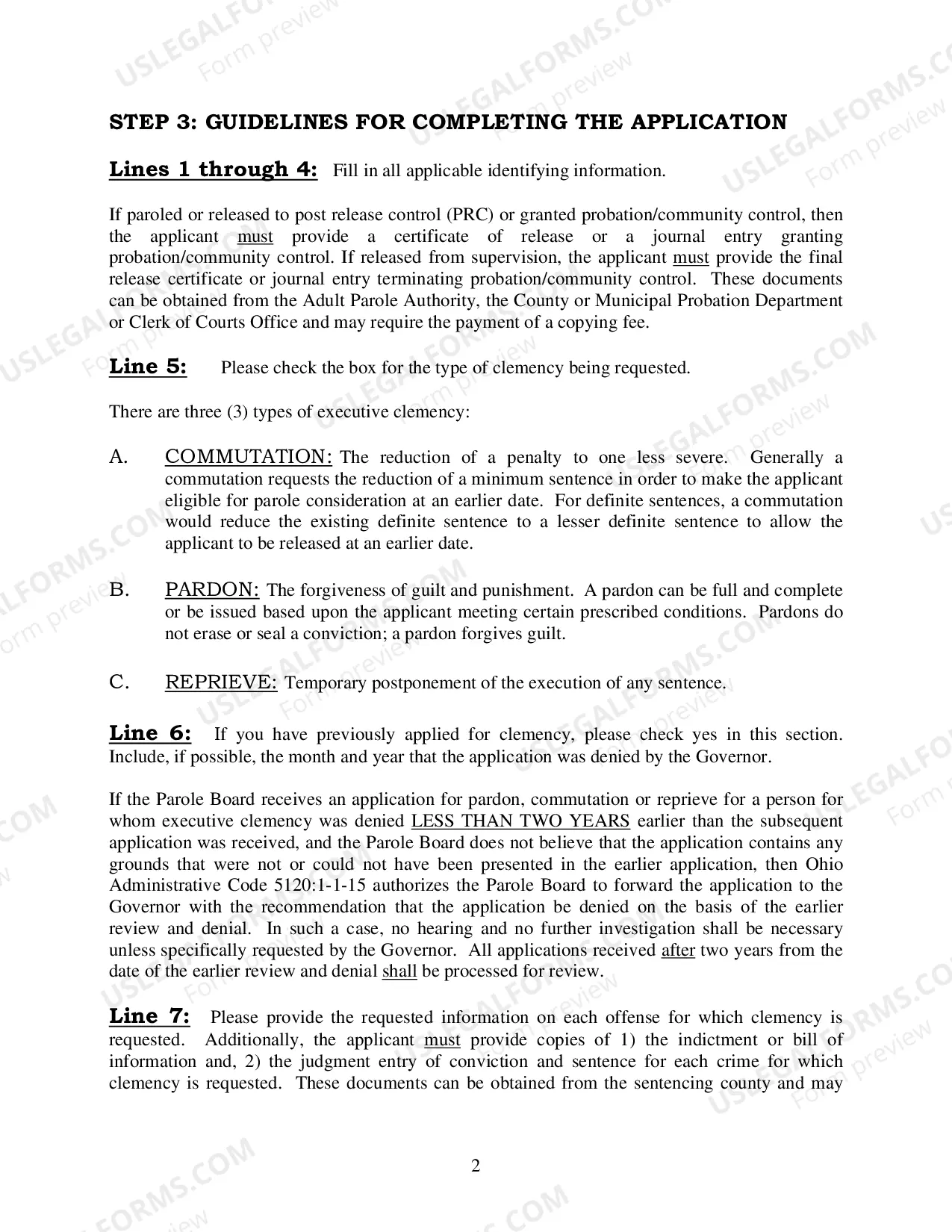 Preview Instructions and Guidelines for Application for Executive Clemency
