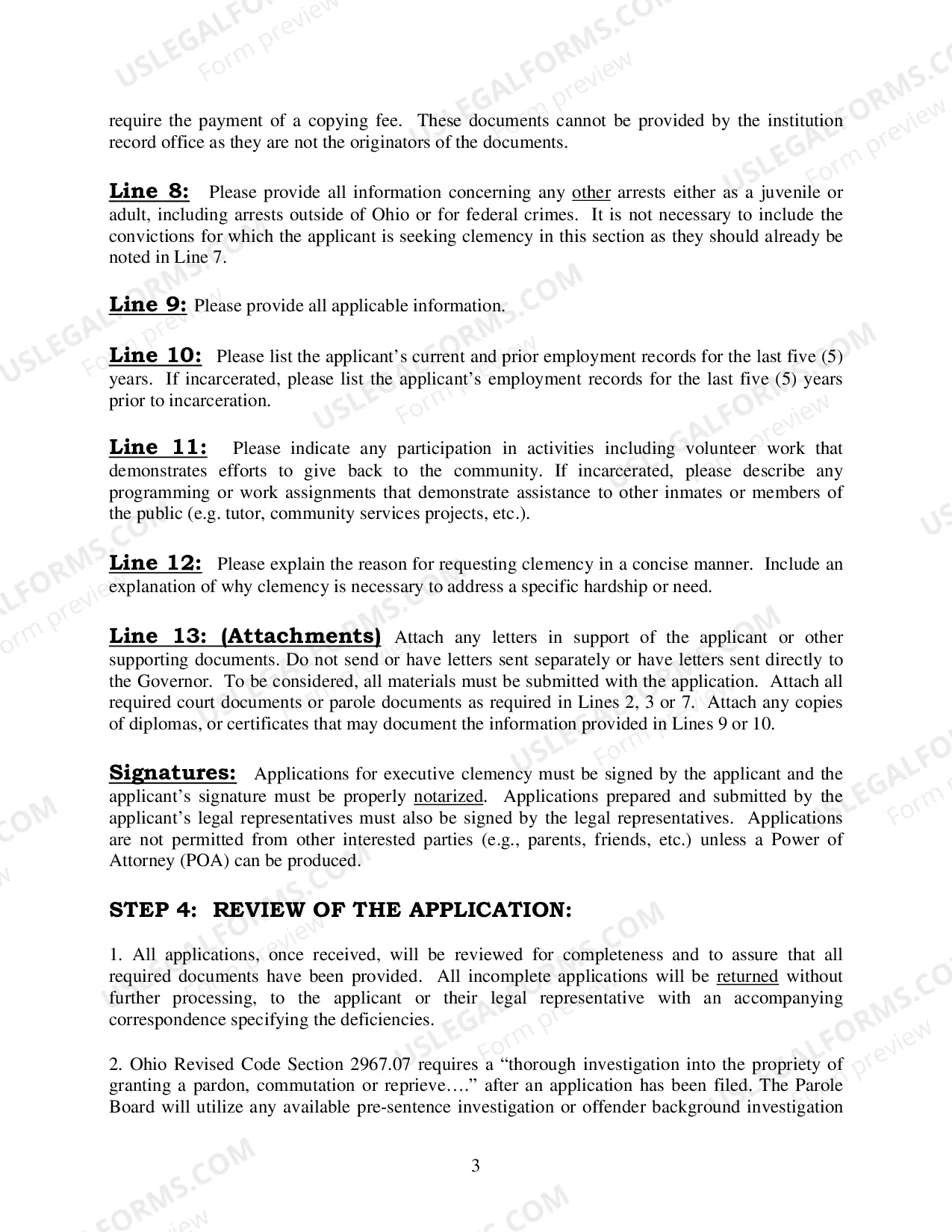 Preview Instructions and Guidelines for Application for Executive Clemency