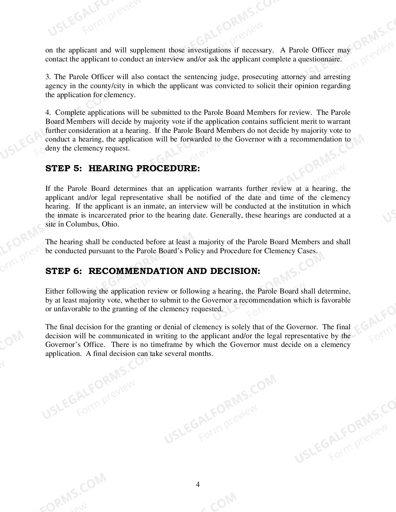 Preview Instructions and Guidelines for Application for Executive Clemency