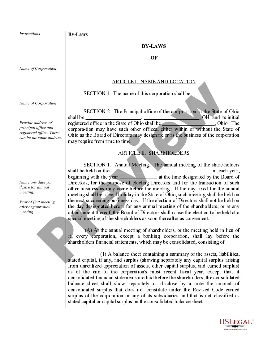 Preview Sample Bylaws for an Ohio Professional Corporation aka Professional Association