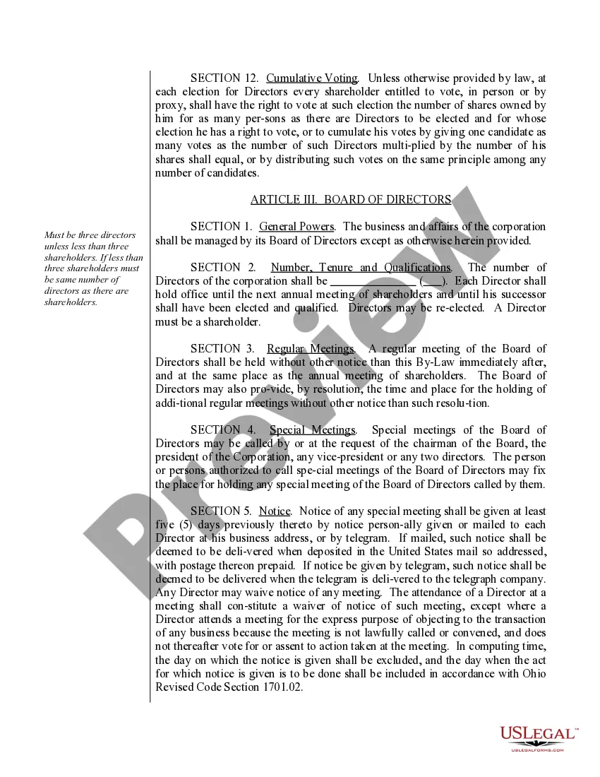 Preview Sample Bylaws for an Ohio Professional Corporation aka Professional Association