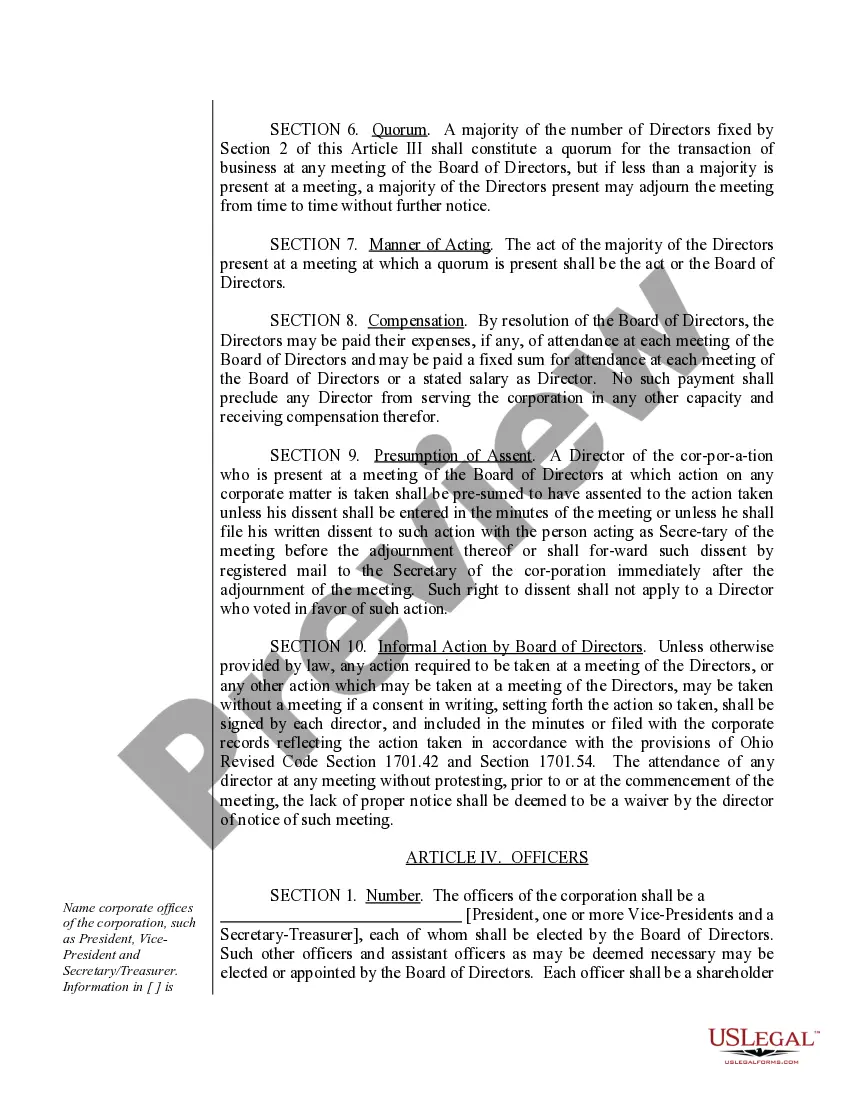 Preview Sample Bylaws for an Ohio Professional Corporation aka Professional Association